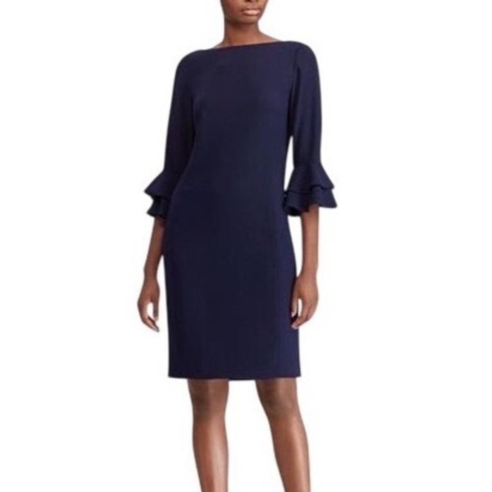 Lauren Ralph Lauren Navy Ruffle-Cuff Sheath Midi Dress